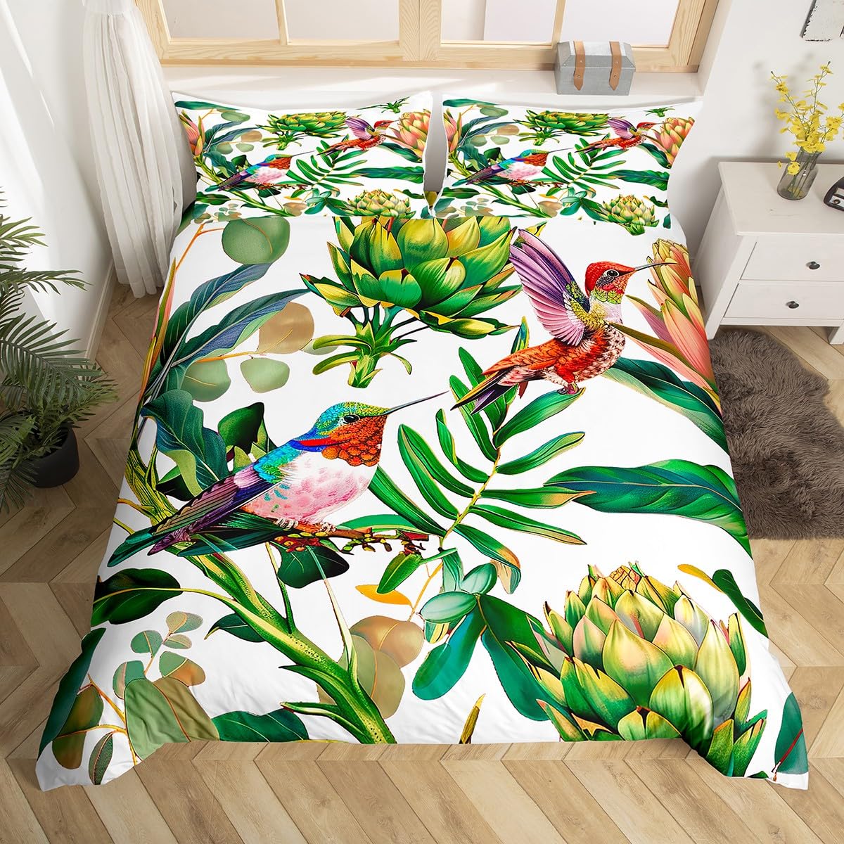 Aesthetic Floral Duvet Cover - Luksusowy zestaw pościeli z motywem kolibra,