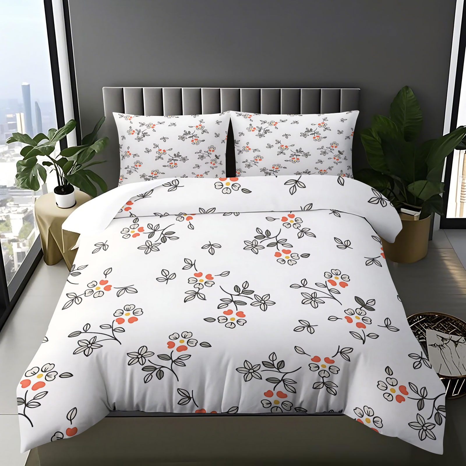 Aesthetic Floral Duvet Cover - Minimalistyczny, ręcznie rysowany, cienki, pomarańczowo-czerwony, drobny