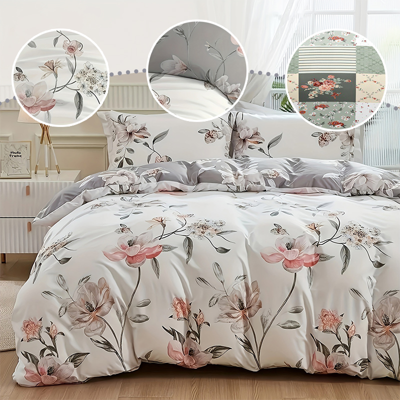 Aesthetic Floral Duvet Cover - 2/3-częściowy zestaw zielonej pościeli w kwiaty,