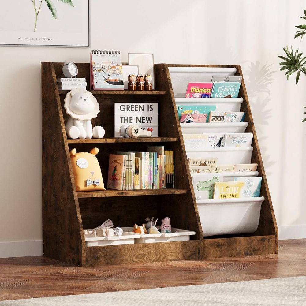 Storage & Organization - 4-poziomowy drewniany regał na książki dla